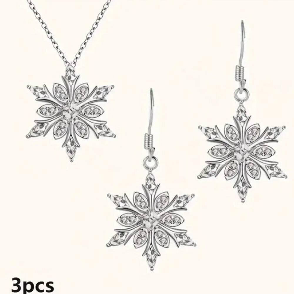 Snowflake Earring & Necklace Set Silver Faux Diamonds NWT